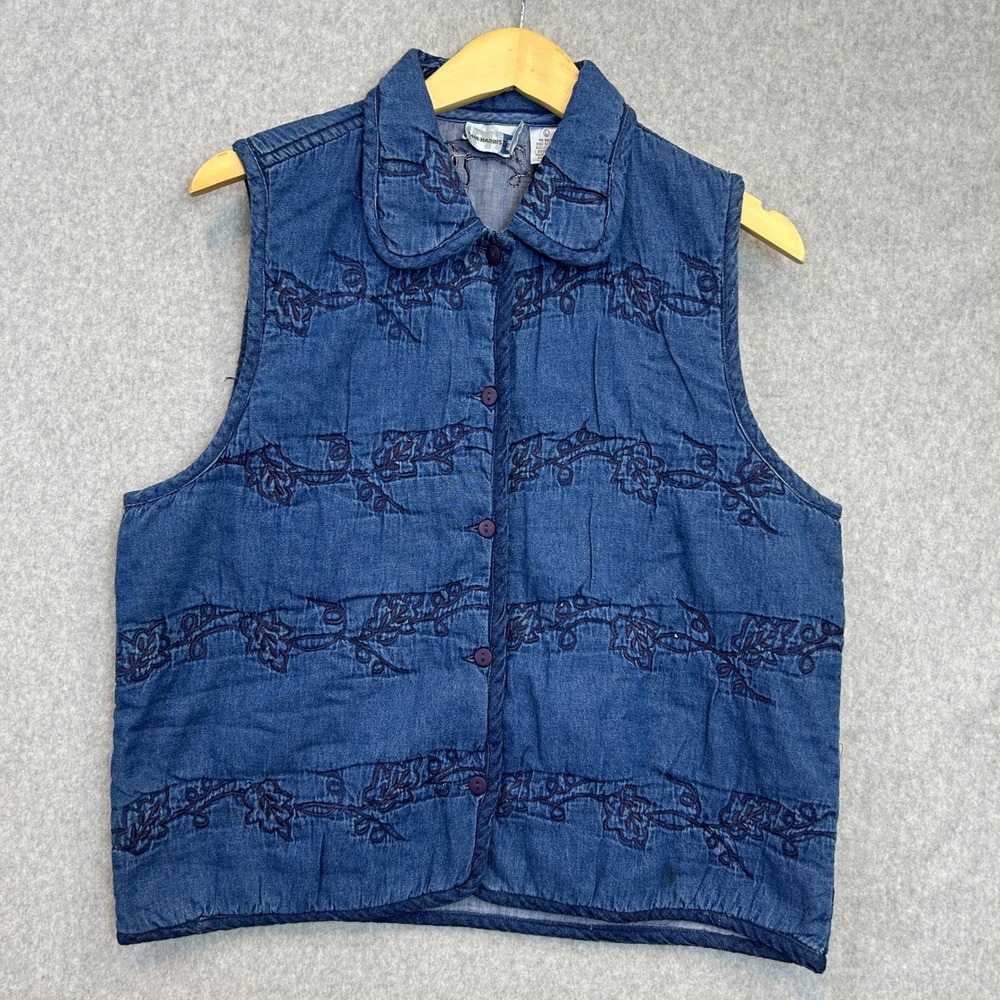 Paul Harris Design Denim Vest Blue Embroidered Floral Mature Cottage Size Large